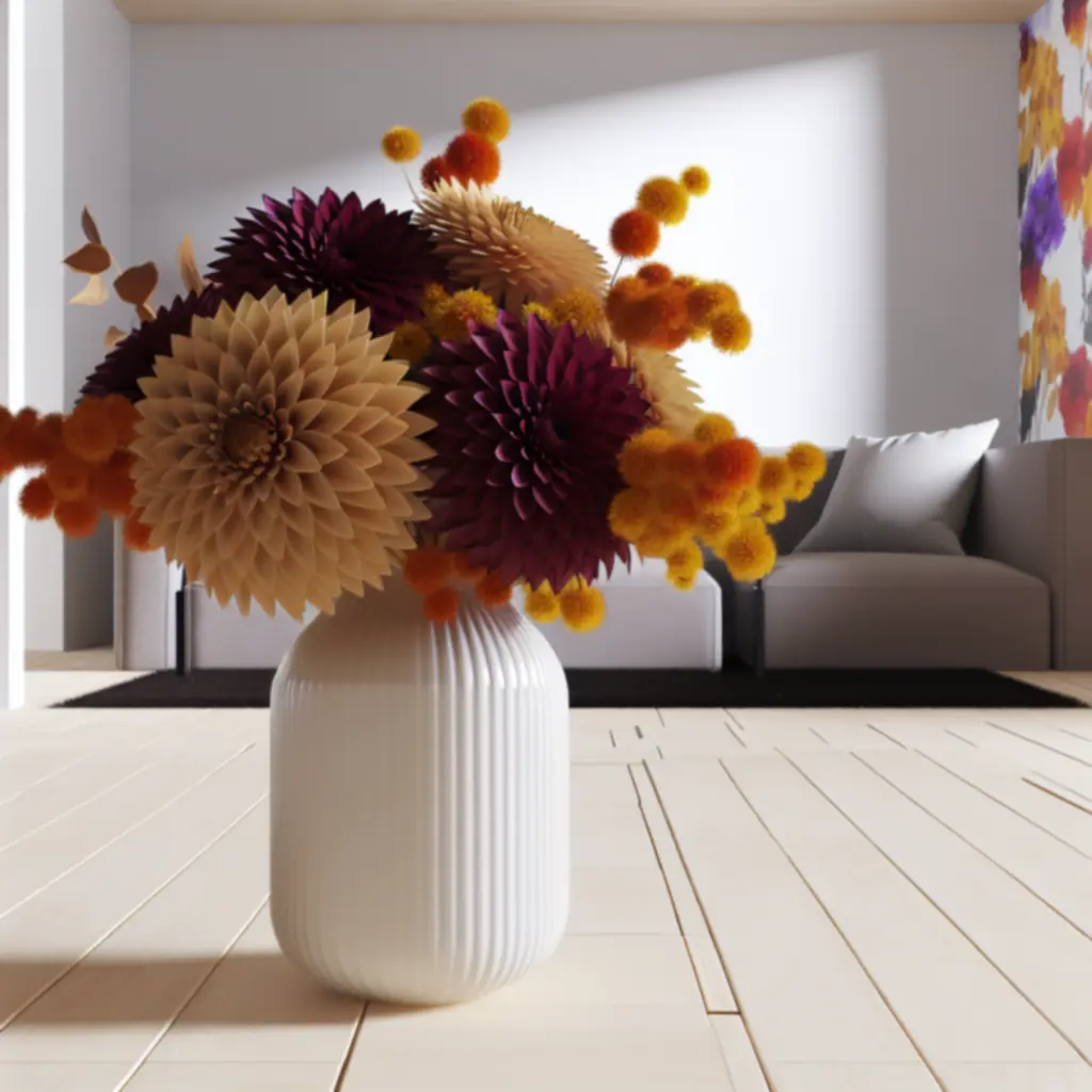 Herfstboeket met dahlias, chrysanten en warmgekleurde bladeren in goud, roest en pruim