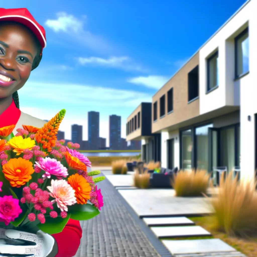 Bezorger die een bloemenboeket levert aan de voordeur