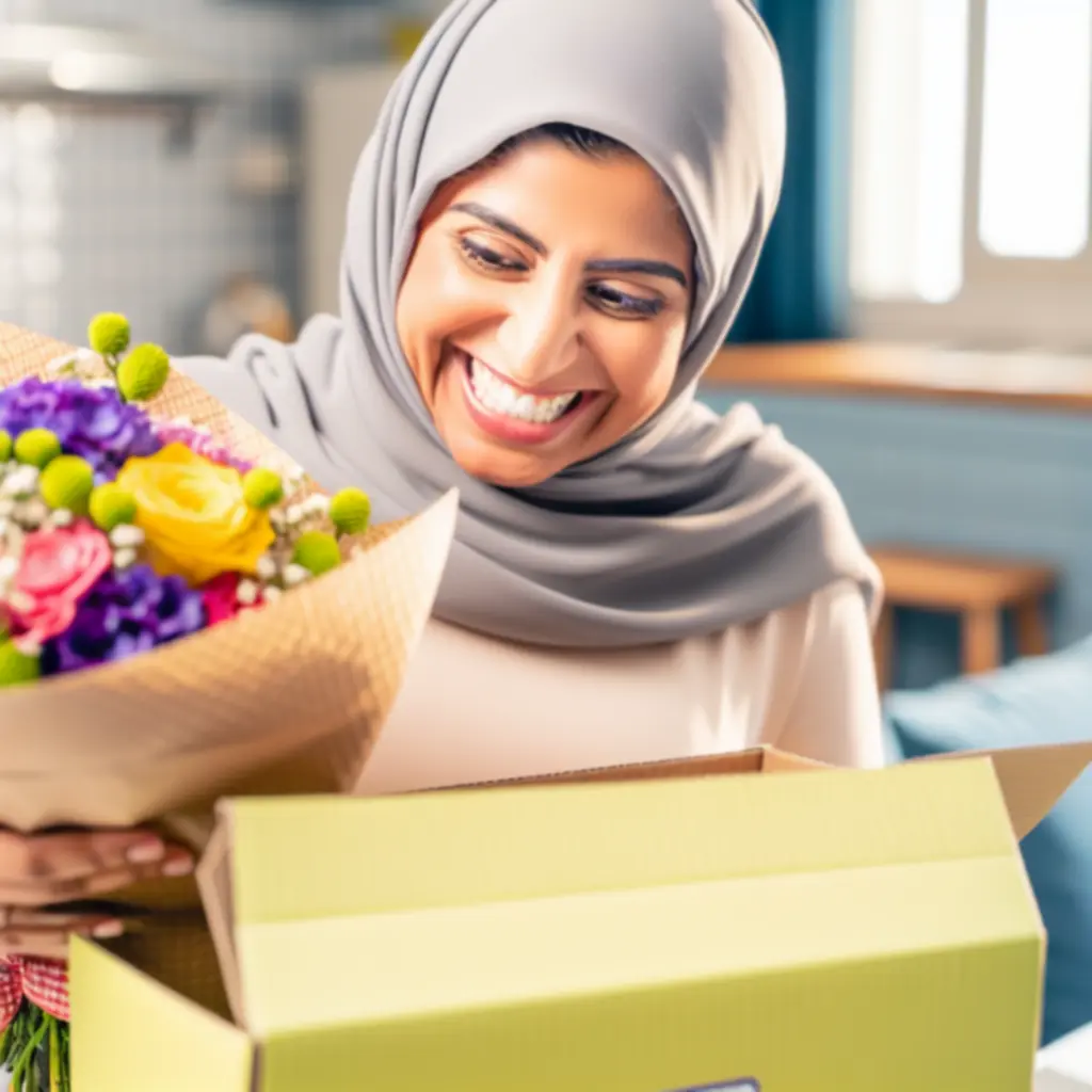 Klant opent een doos met vers bezorgde bloemen