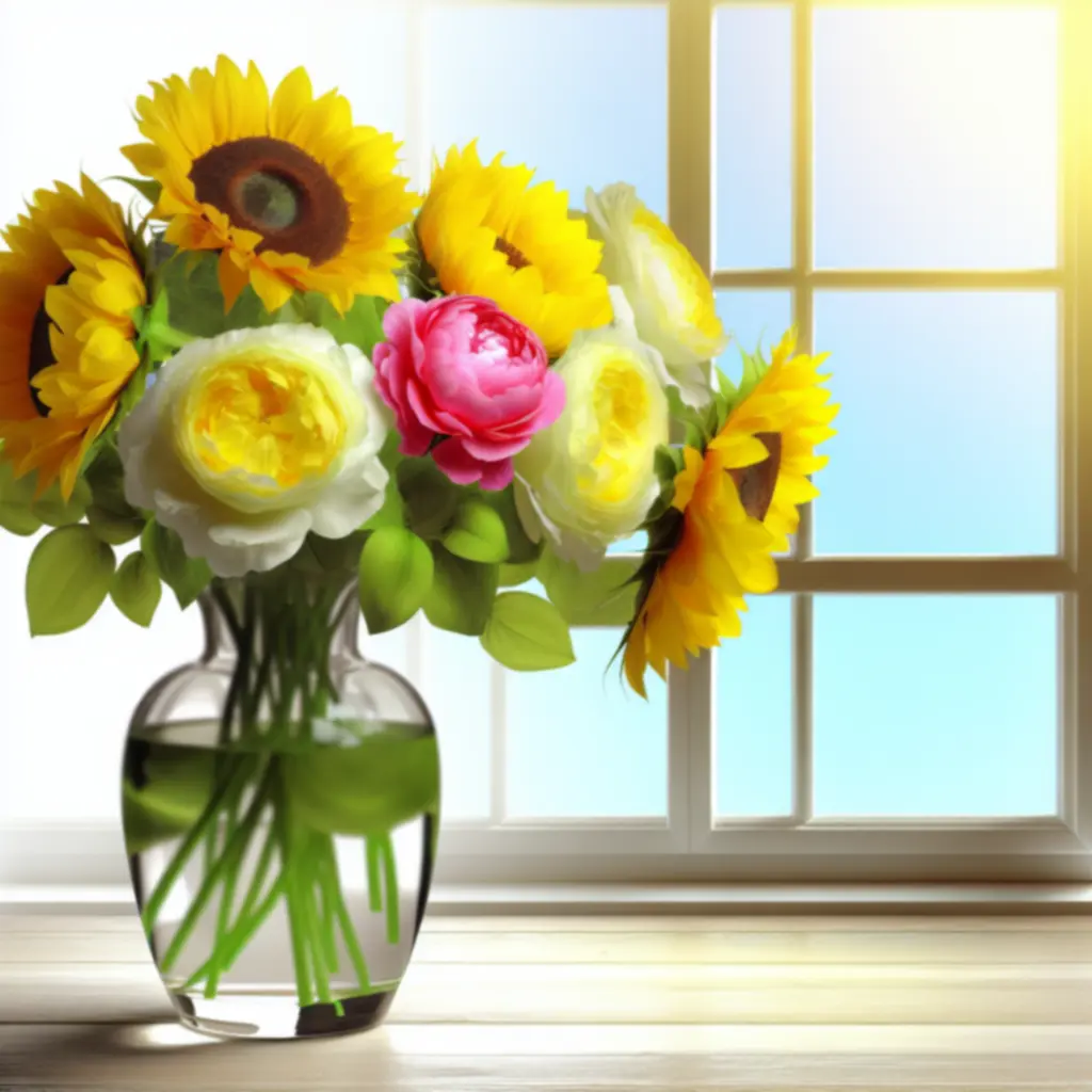 Zomerse bloemenarrangementen met zonnebloemen, pioenrozen en rozen in levendige kleuren