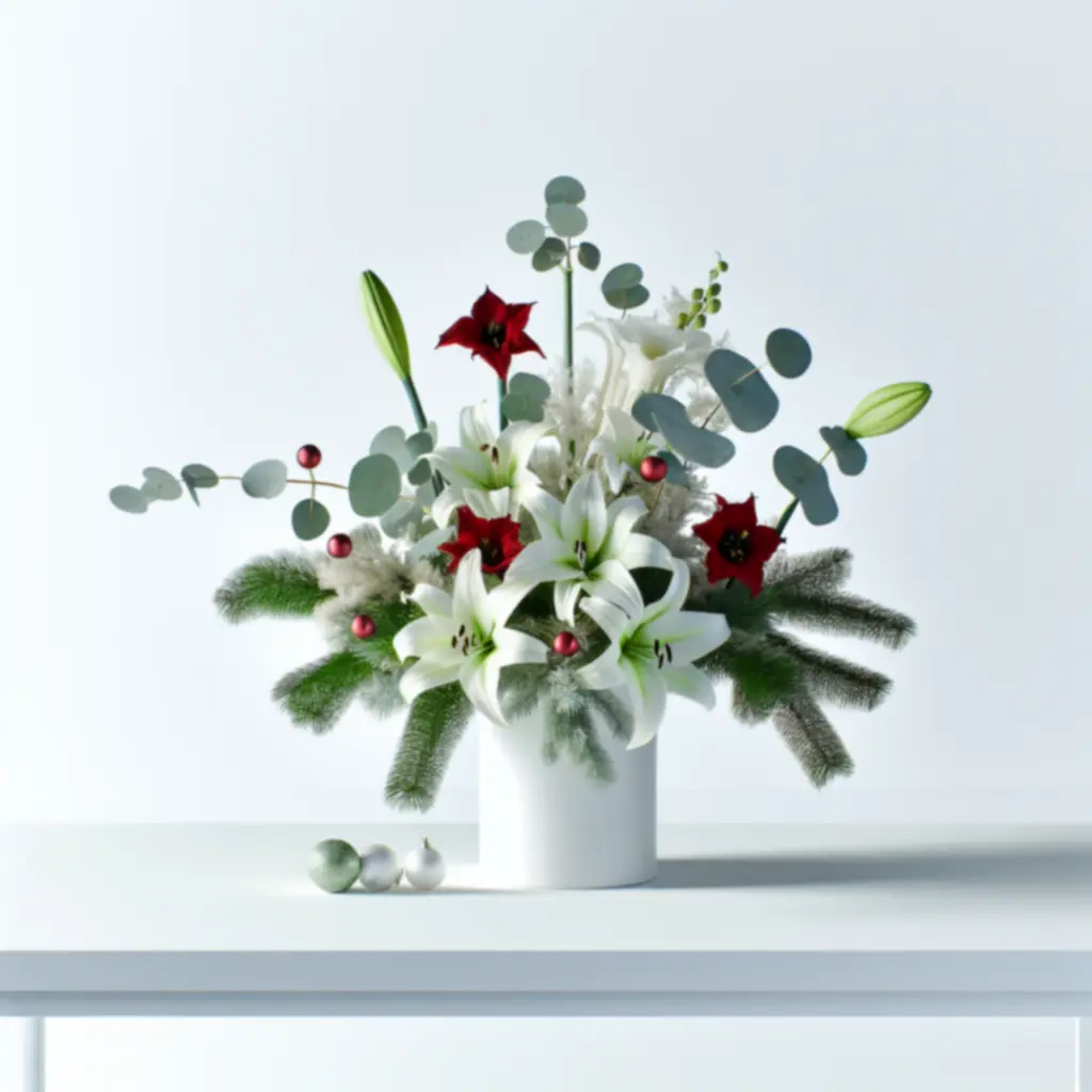 Winterse bloemstukken met witte lelies, rode amaryllis en eucalyptus